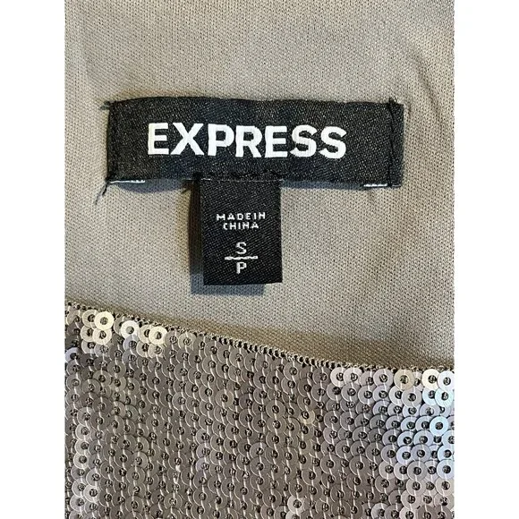 Express Dress Women Size Small Petite Pewter Bronze Sequins Mini Long Sleeve - Picture 6 of 11